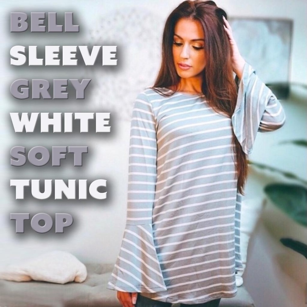 Tunic Grey~White Soft Top with Bell Sleeves